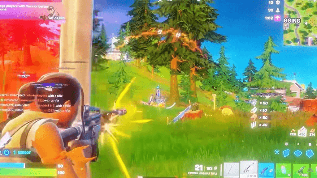 Fortnite third-person gunfight with player ESP boxes, snaplines, and an aim FOV indicator