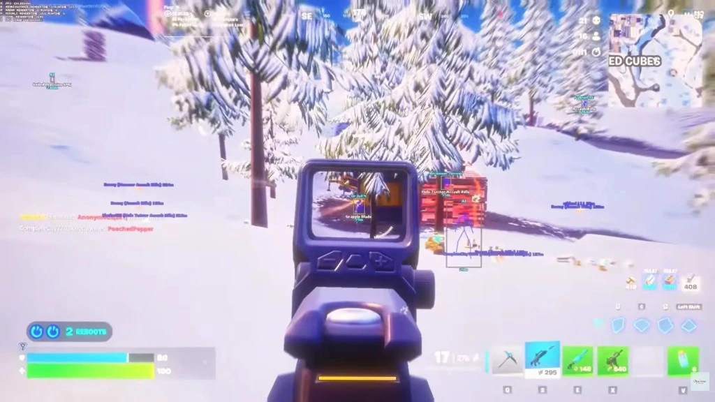 Fortnite in-match ESP screenshot Fortnite first-person overlay with skeleton ESP and player distance tags in a snowy match